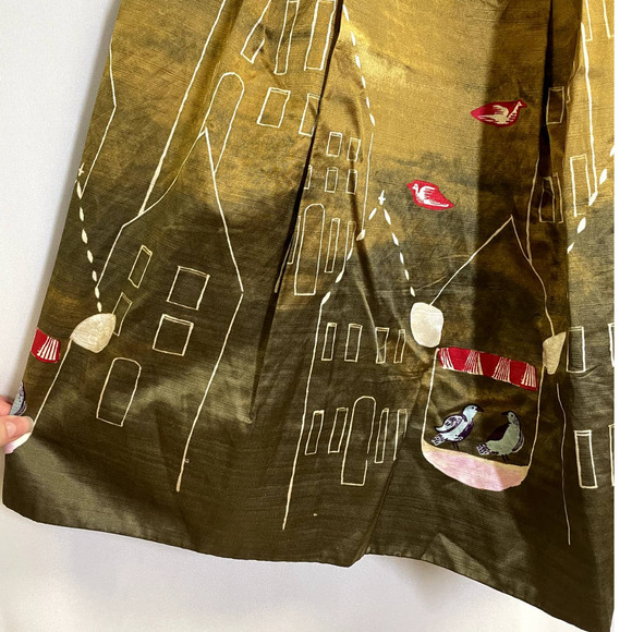 MAEVE by ANTHRO Green Gold Feathered Village Bird Pleated Skirt - Picture 5 of 12